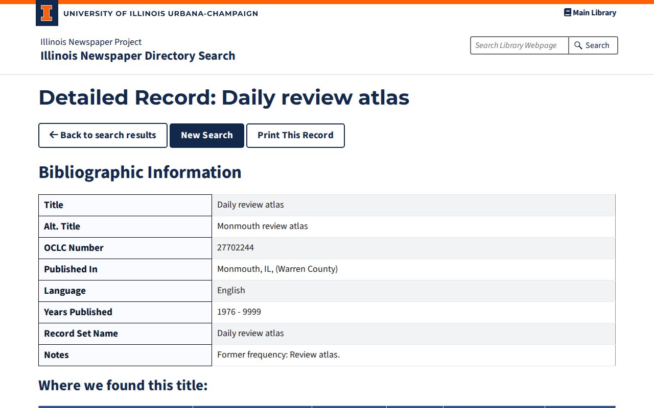 Illinois Newspaper Project record for the Daily Review Atlas of Monmouth